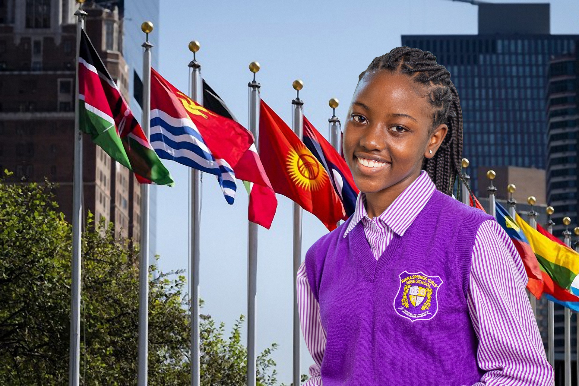 A Riara springs girls high school student standing next to multiple international flags